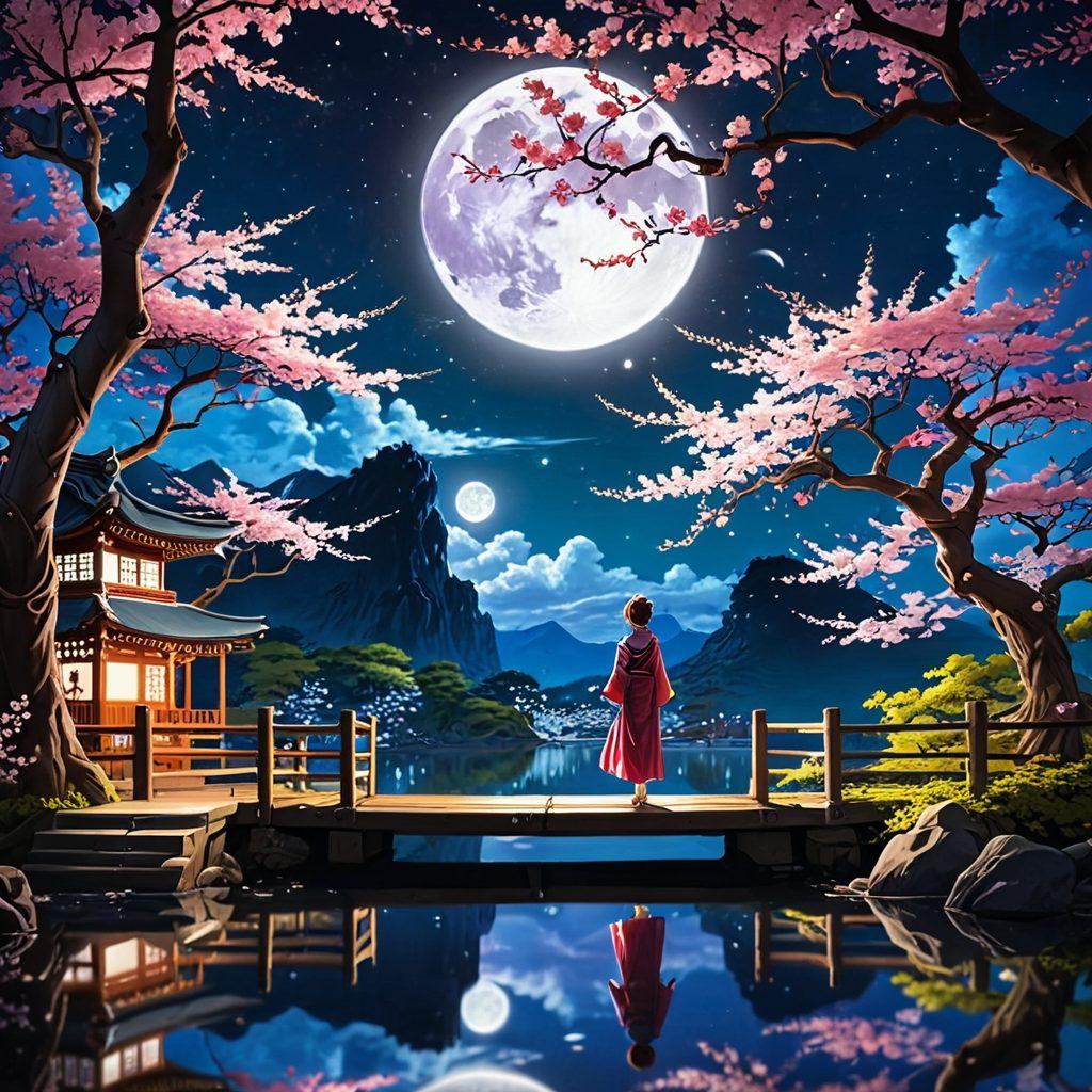 An artistic representation of a vibrant, detailed anime fantasy world filled with playful characters and erotic nuances, showcasing a blend of various artistic styles from traditional Japanese art to modern erotic illustrations. Include elements like intricate background scenes of cherry blossoms, moonlit nights, and fantastical creatures, while maintaining a sense of adventure. The characters should exude a mix of charm and allure, inviting the viewer into a whimsical yet provocative realm. super-realistic. vibrant colors. 3D.